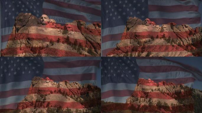 透明的美国国旗飘扬在拉什莫尔山上