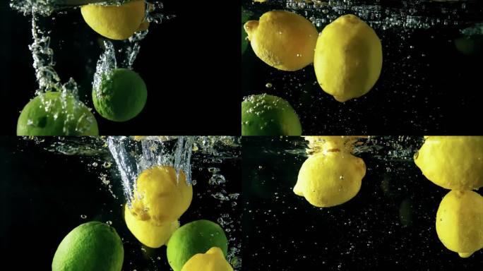 雪梨 青柠 黄柠檬落入水缸中泛起水泡