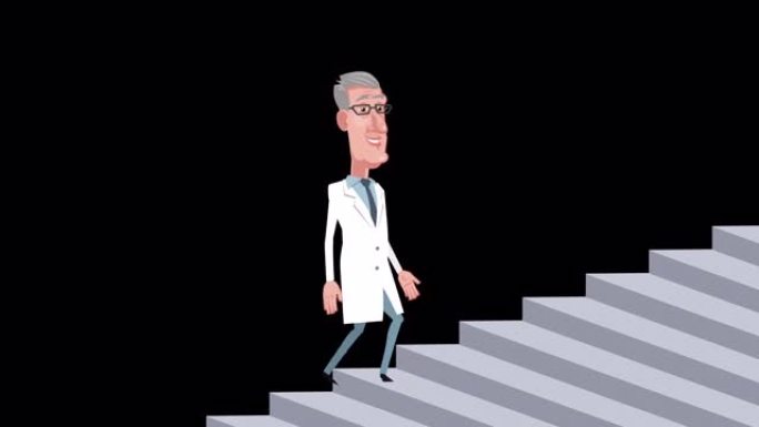 卡通男性老人白发医生角色爬楼梯动画与阿尔法频道