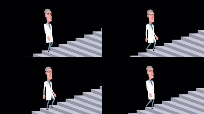 卡通男性老人白发医生角色爬楼梯动画与阿尔法频道