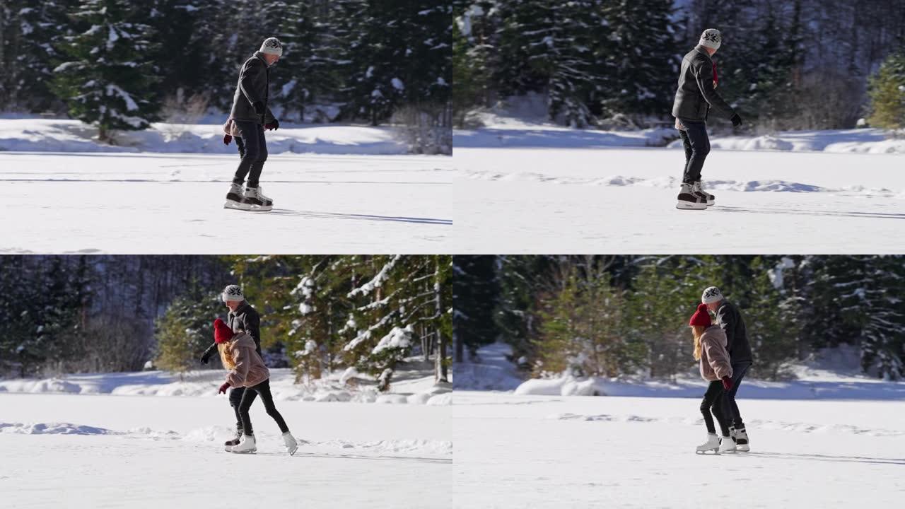 TS男子和他的女儿在湖上滑冰