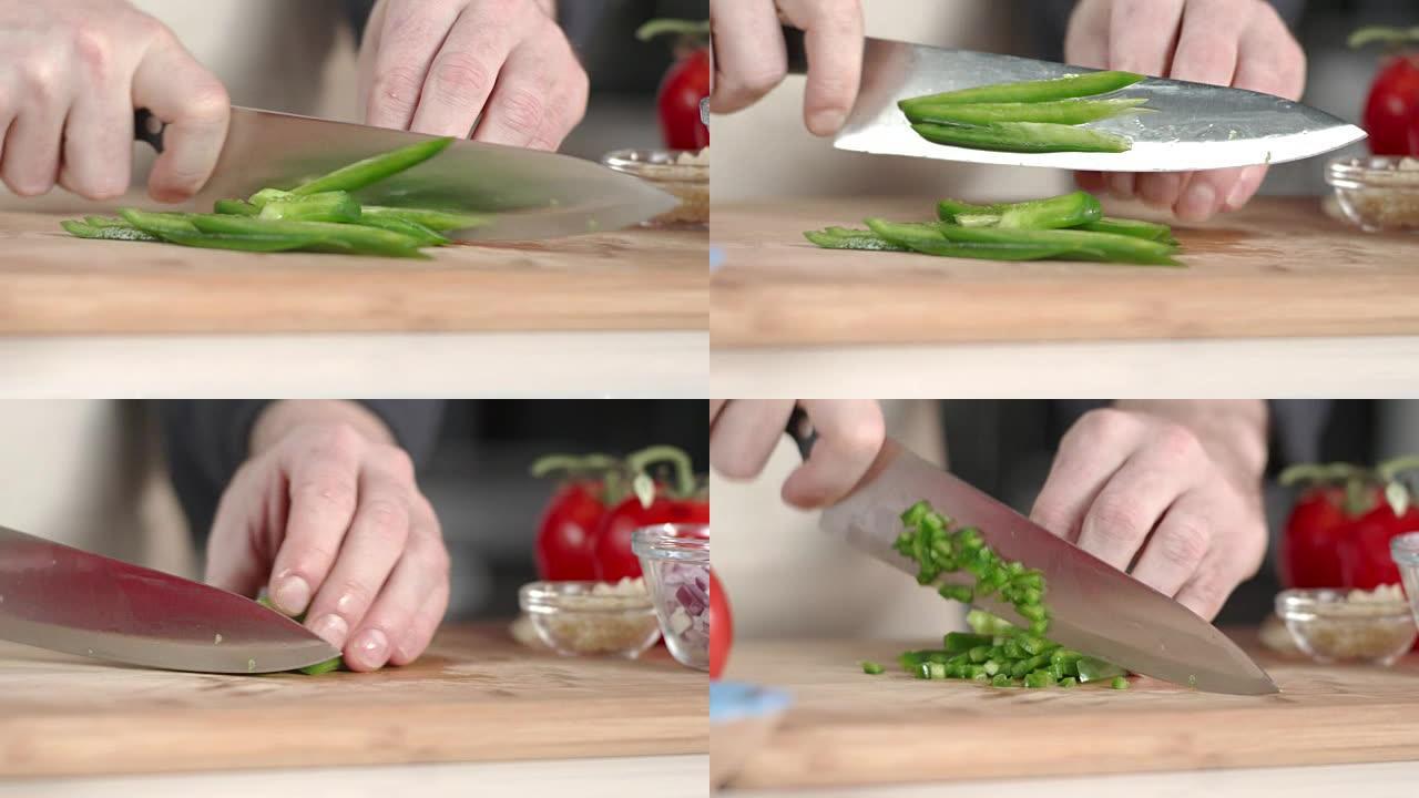 厨师用大菜刀切碎墨西哥胡椒的慢动作跟踪镜头