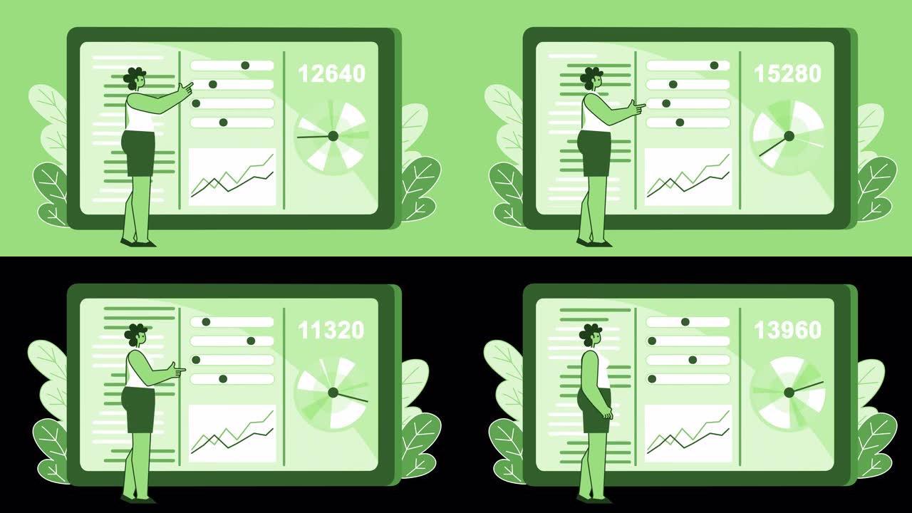 绿色风格的女人扁平角色与平板电脑上的信息一起工作。带有Alpha通道的孤立动画