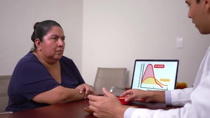 营养师使用计算机向患者显示血糖指数