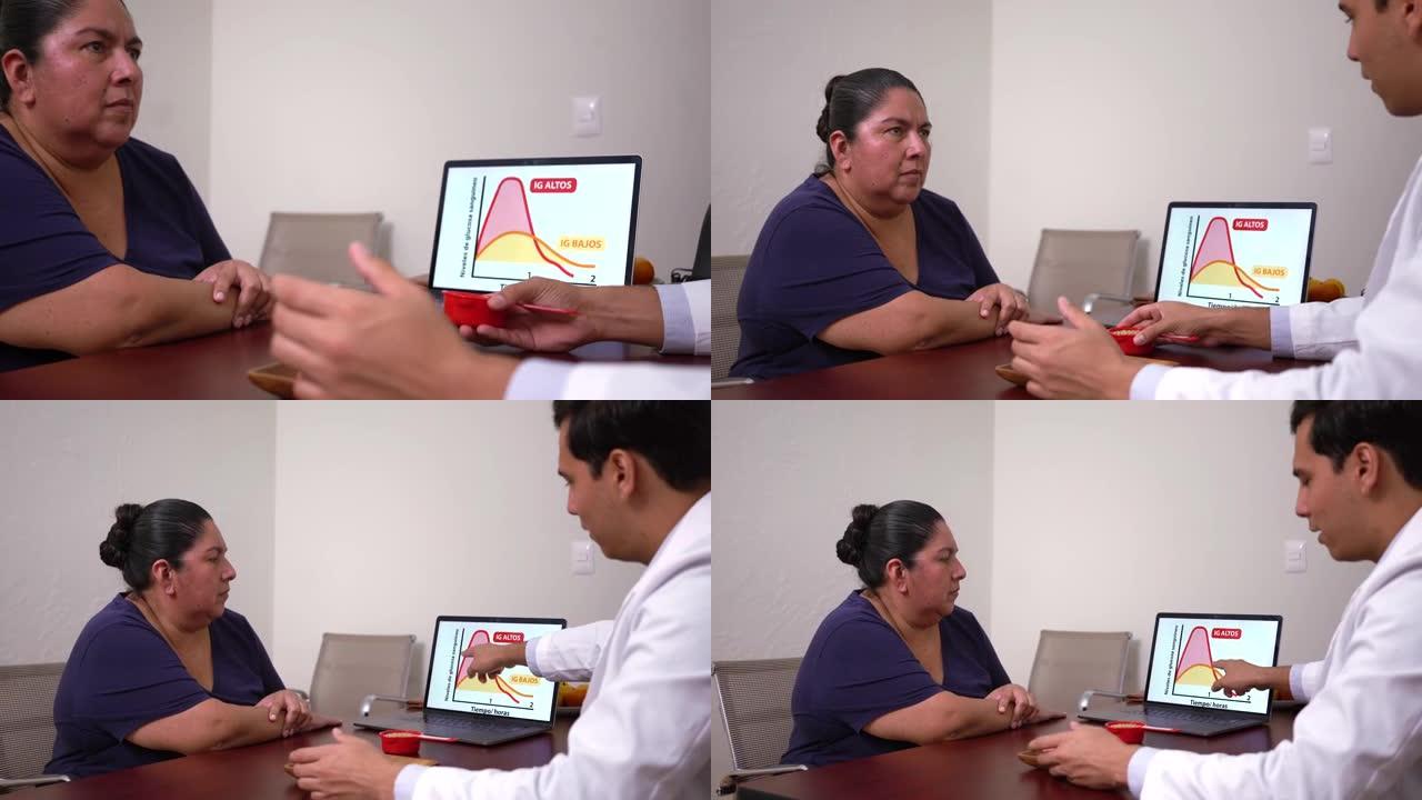 营养师使用计算机向患者显示血糖指数