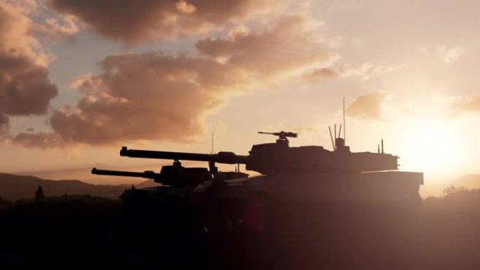 夕阳下的军用坦克剪影