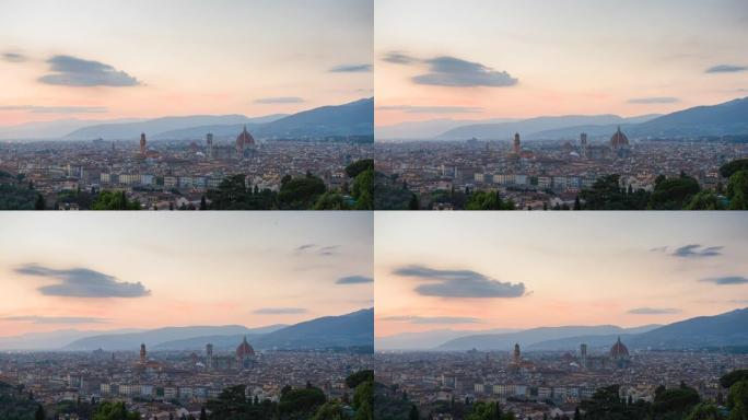 黄昏时佛罗伦萨令人叹为观止的城市景观全景的时间流逝