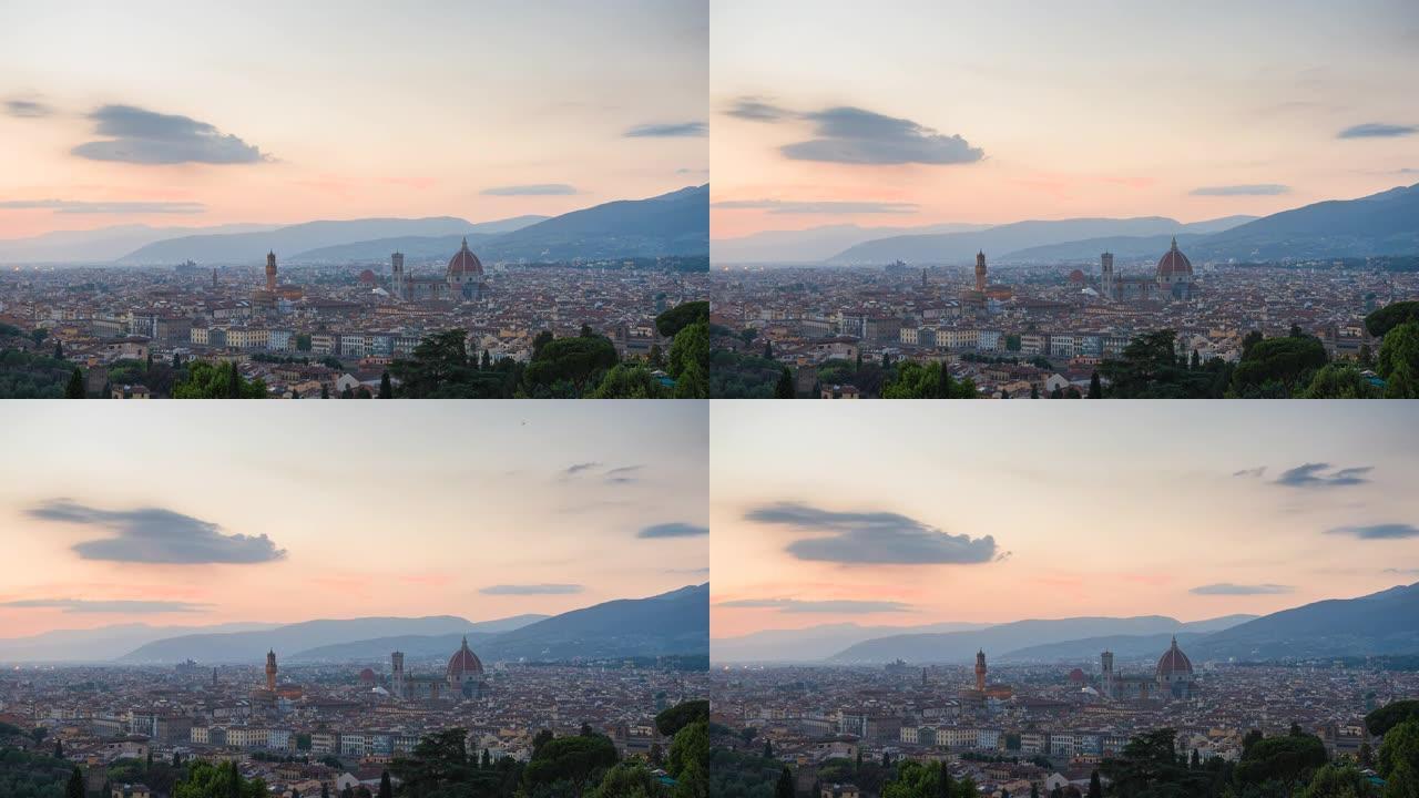 黄昏时佛罗伦萨令人叹为观止的城市景观全景的时间流逝
