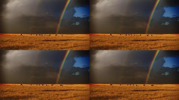 彩虹的风景，在野生动物保护区的草地上放牧着暴风雨的天空