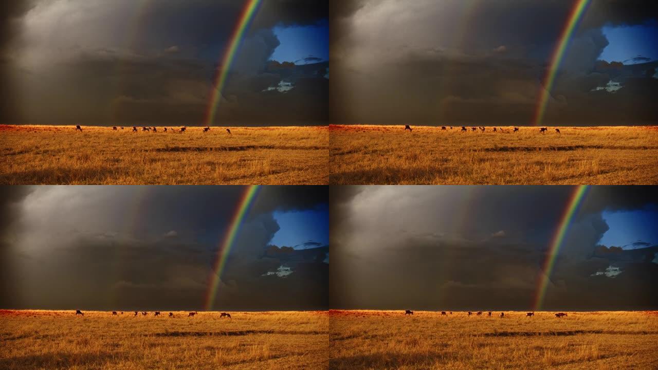 彩虹的风景，在野生动物保护区的草地上放牧着暴风雨的天空