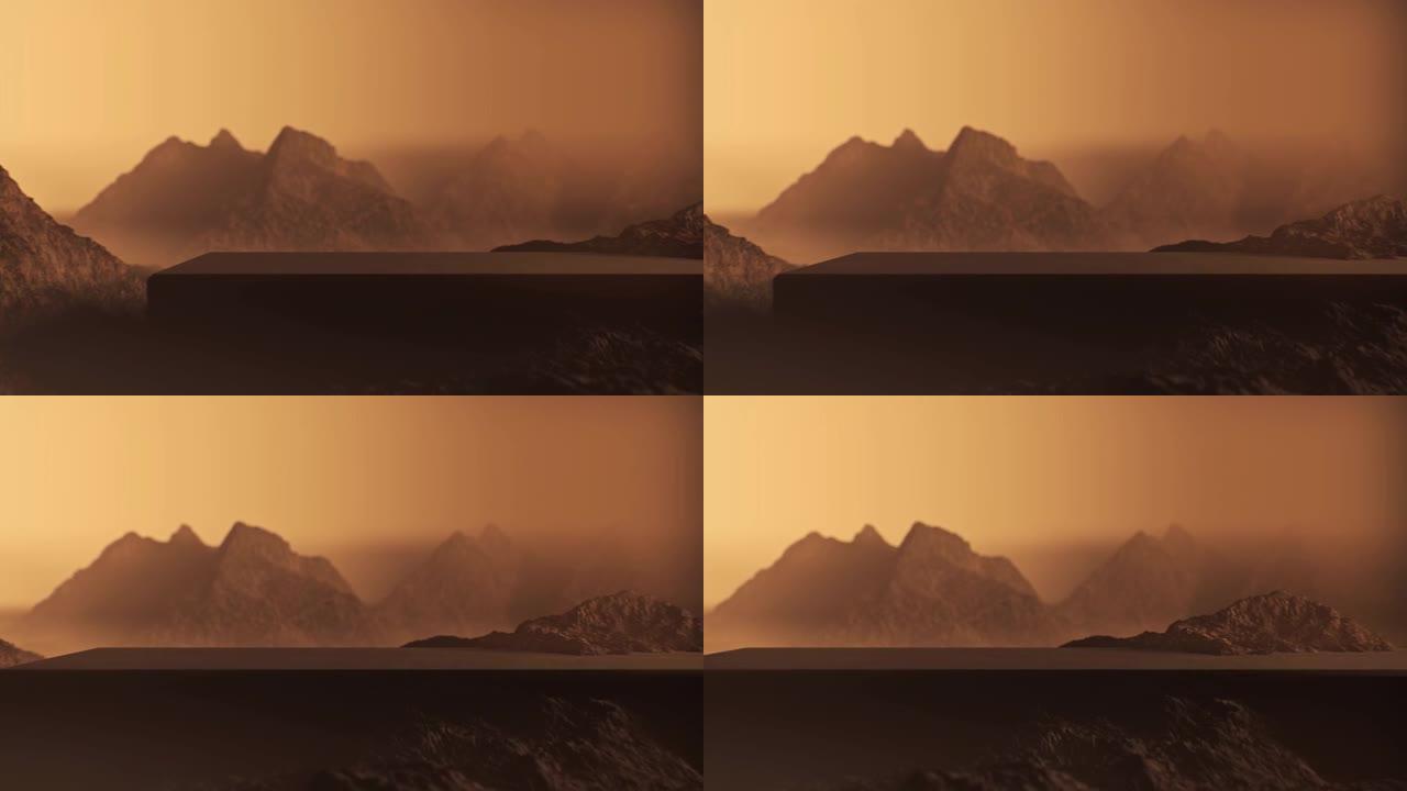 带有石头矩形讲台的火星景观的3D动画。产品展示的火星浮雕背景。
