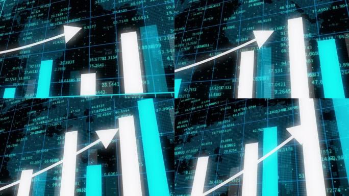 具有上升箭头和条形图、数字数据墙、全球经济的4k平视显示器图