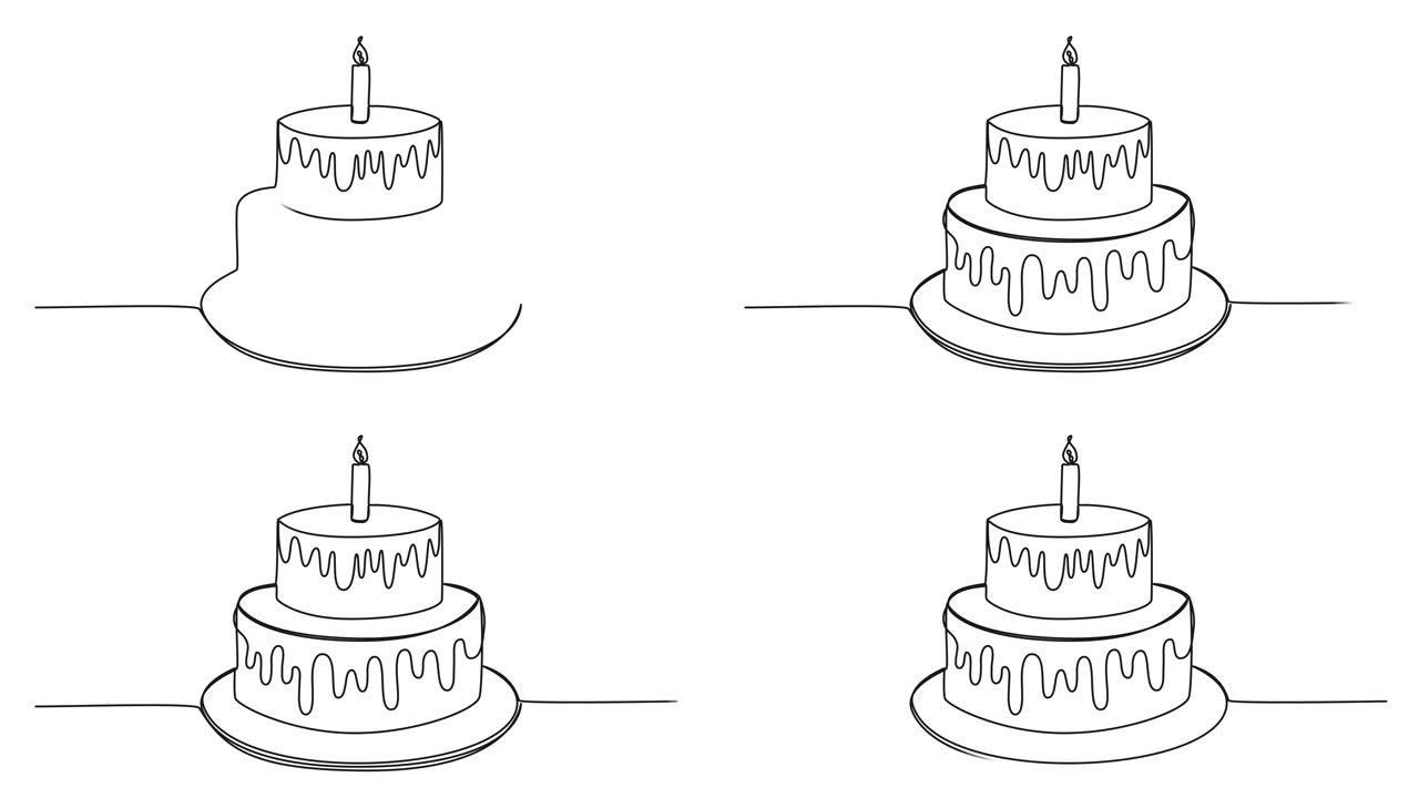 带蜡烛的生日蛋糕的动画连续单线图