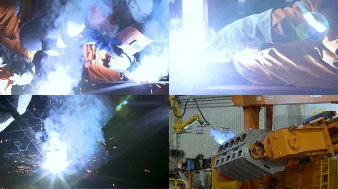 焊头在冒着火花 一个工人在焊接 焊接工作时冒着巨大的焊花