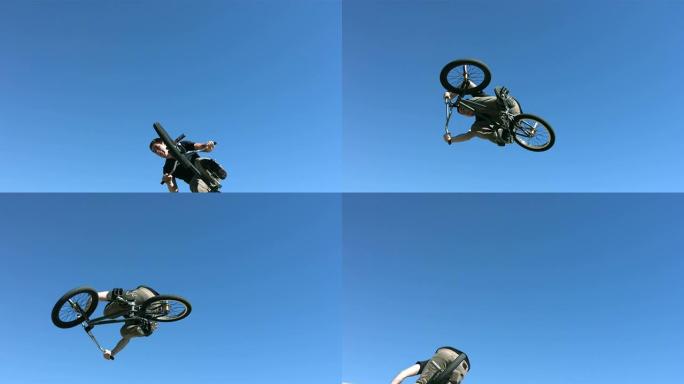 BMX骑手飞向空中，慢动作