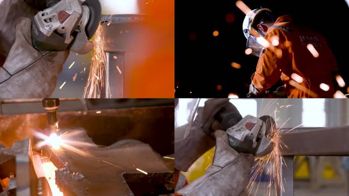 一个穿橙色衣服的人在焊接 一个工人在焊接冒着火花 两个工人戴着面具在工作