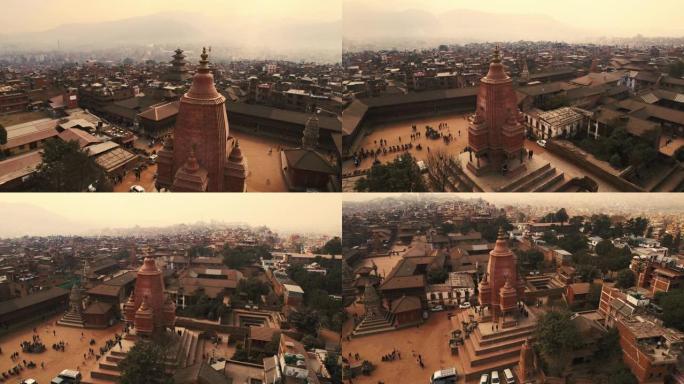在这座城市的背景下，从无人机飞越尼泊尔巴克塔普尔杜巴广场