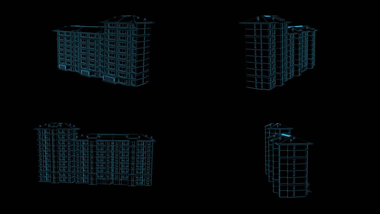 蓝色科技线条全息住宅楼素材动画带通道