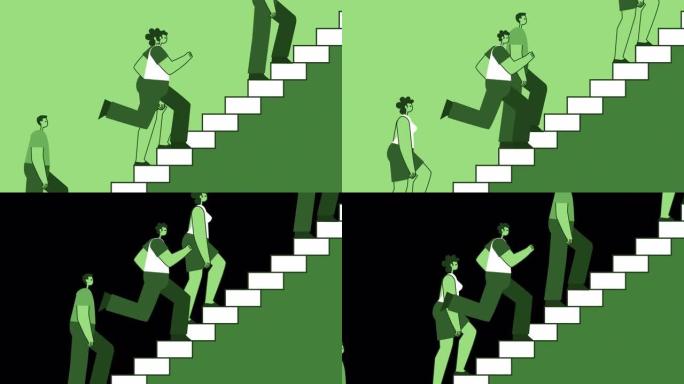 绿色风格的男人平坦的角色爬上楼梯，超过了人群。孤立循环动画