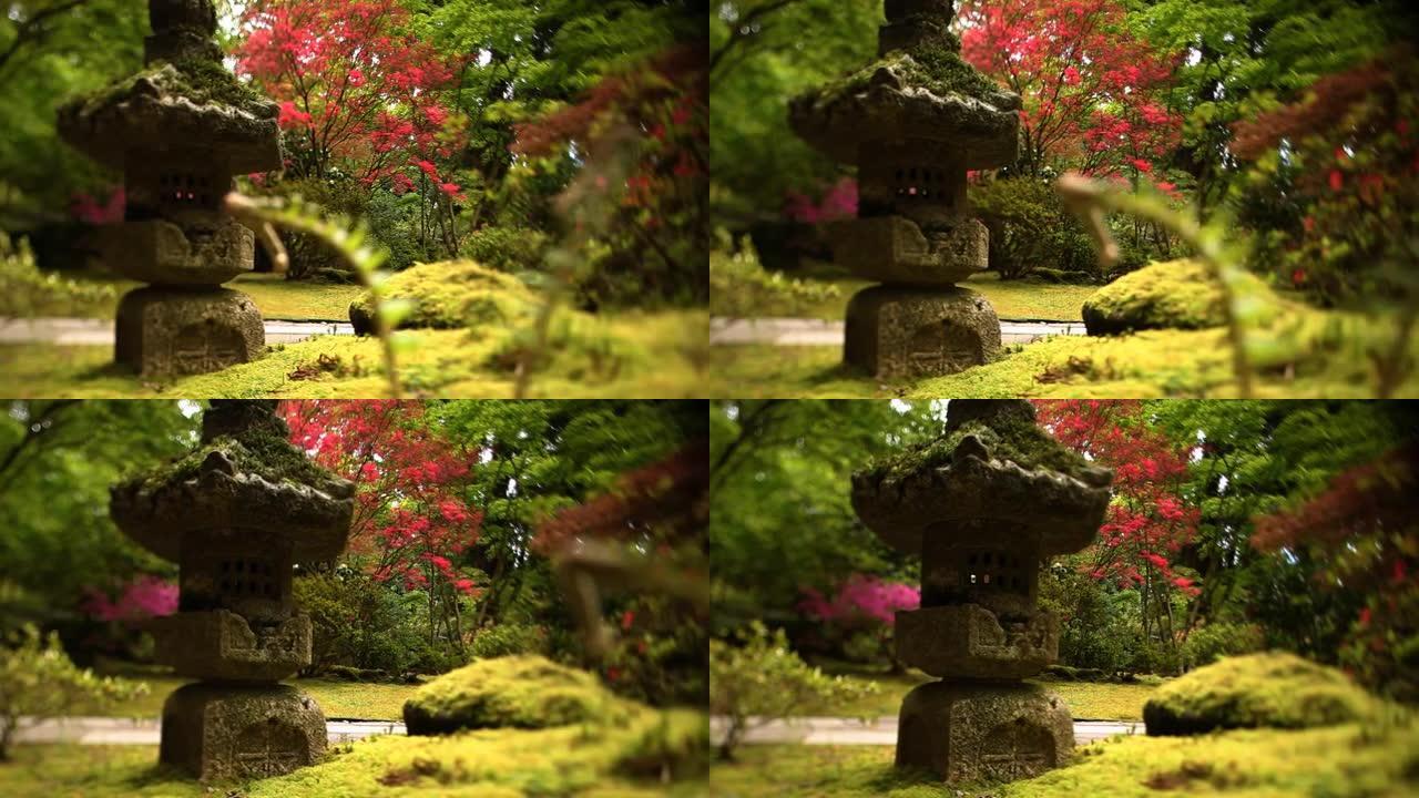 禅宗花园中的抽象粉红树与雕像