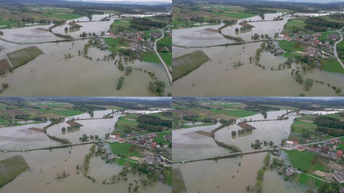 空中: 河水泛滥后，农田泛滥成灾