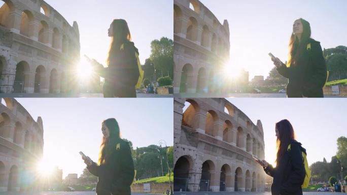 年轻女子在意大利罗马使用手机。体验旅行与多样性。与阿尔法。