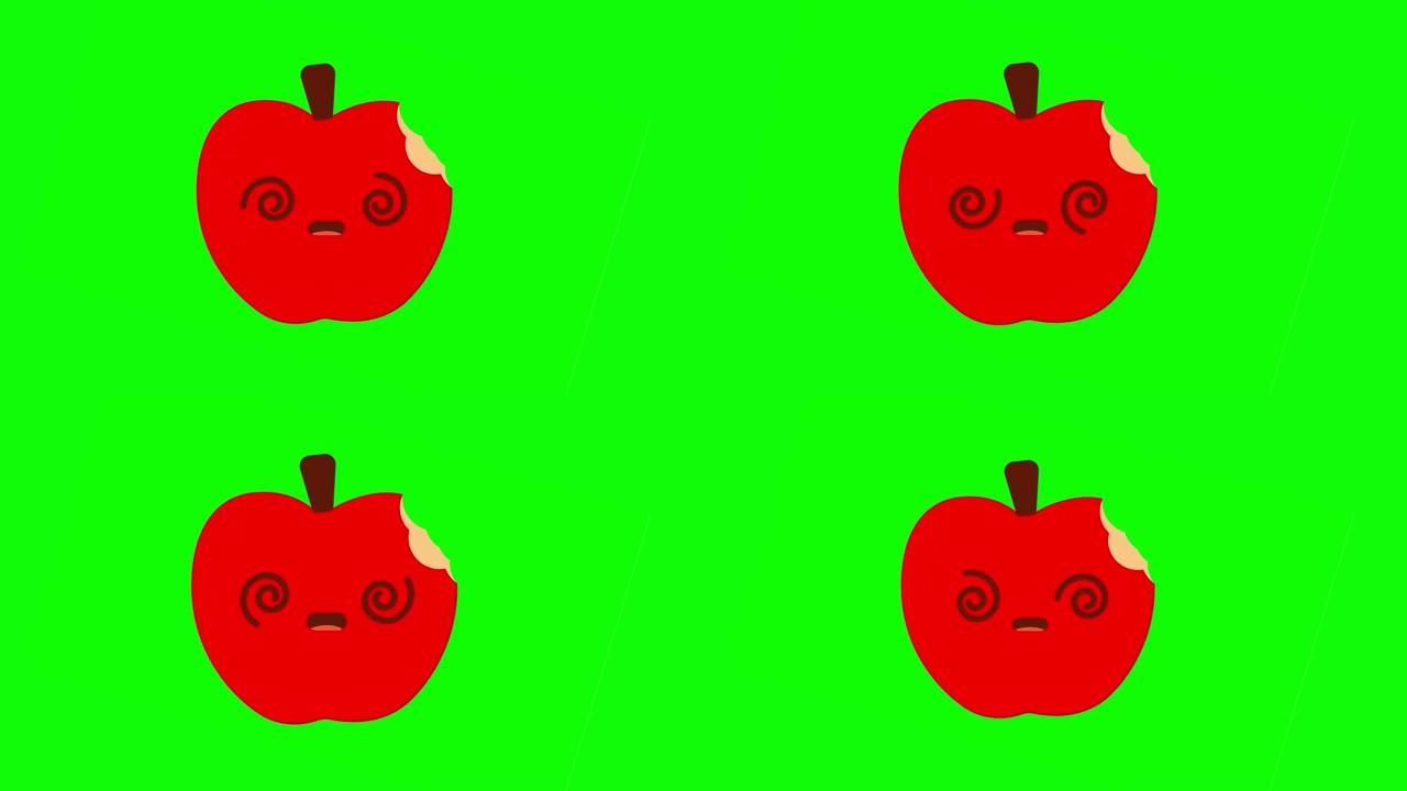 晕脸苹果反应孤立在绿色背景。4k动画。
