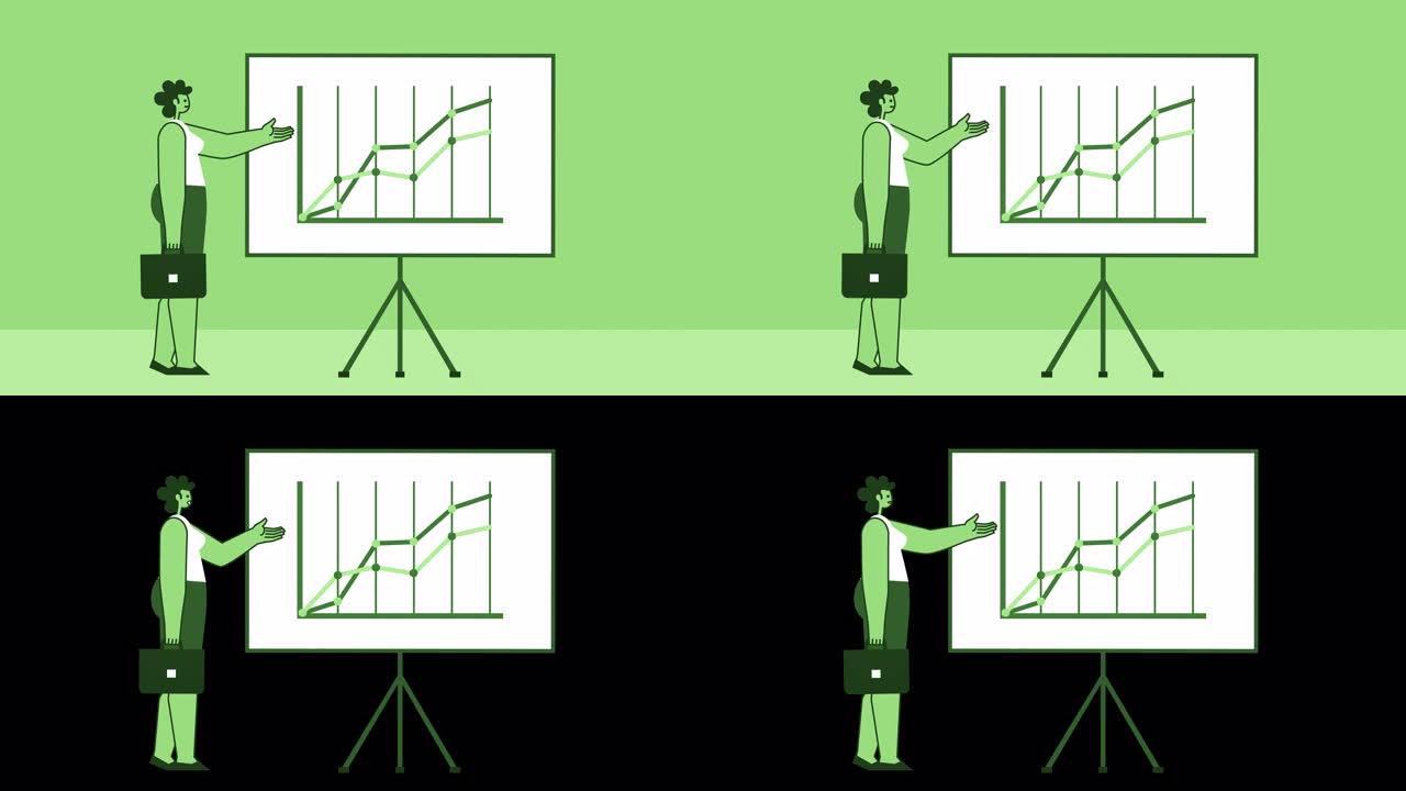 带有公文包扁平字符的绿色风格女人在图形板上展示了生长图表。带有Alpha通道的孤立循环动画