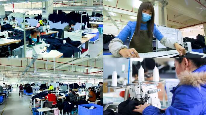 工人在缝纫机前缝制 工人在桌子前裁剪布料 一个女工人在机器前缝制