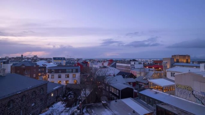 冰岛雷克雅未克傍晚日落美景的延时