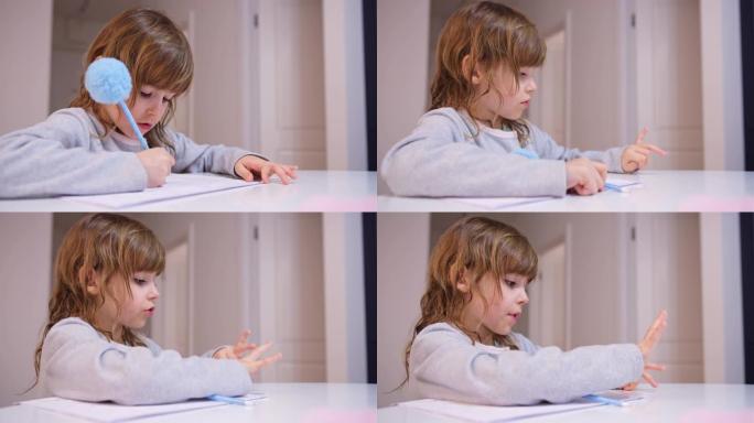聪明的年轻高加索女孩做数学作业用手指数数