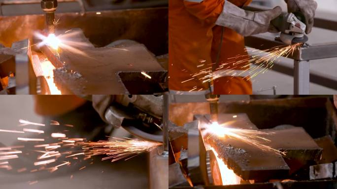 一个穿橙色衣服的人在焊接 一个工人在焊接冒着火花 两个工人戴着面具在工作