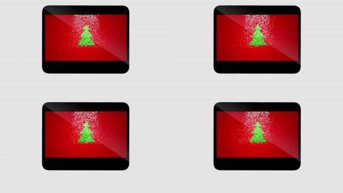 平板电脑上的绿色圣诞树。文本的位置。阿尔法