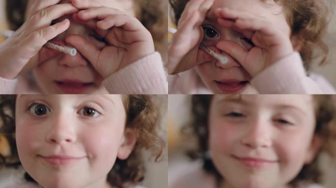 肖像美丽快乐的女孩微笑的孩子做鬼脸可爱的表情看着相机享受童年的幸福