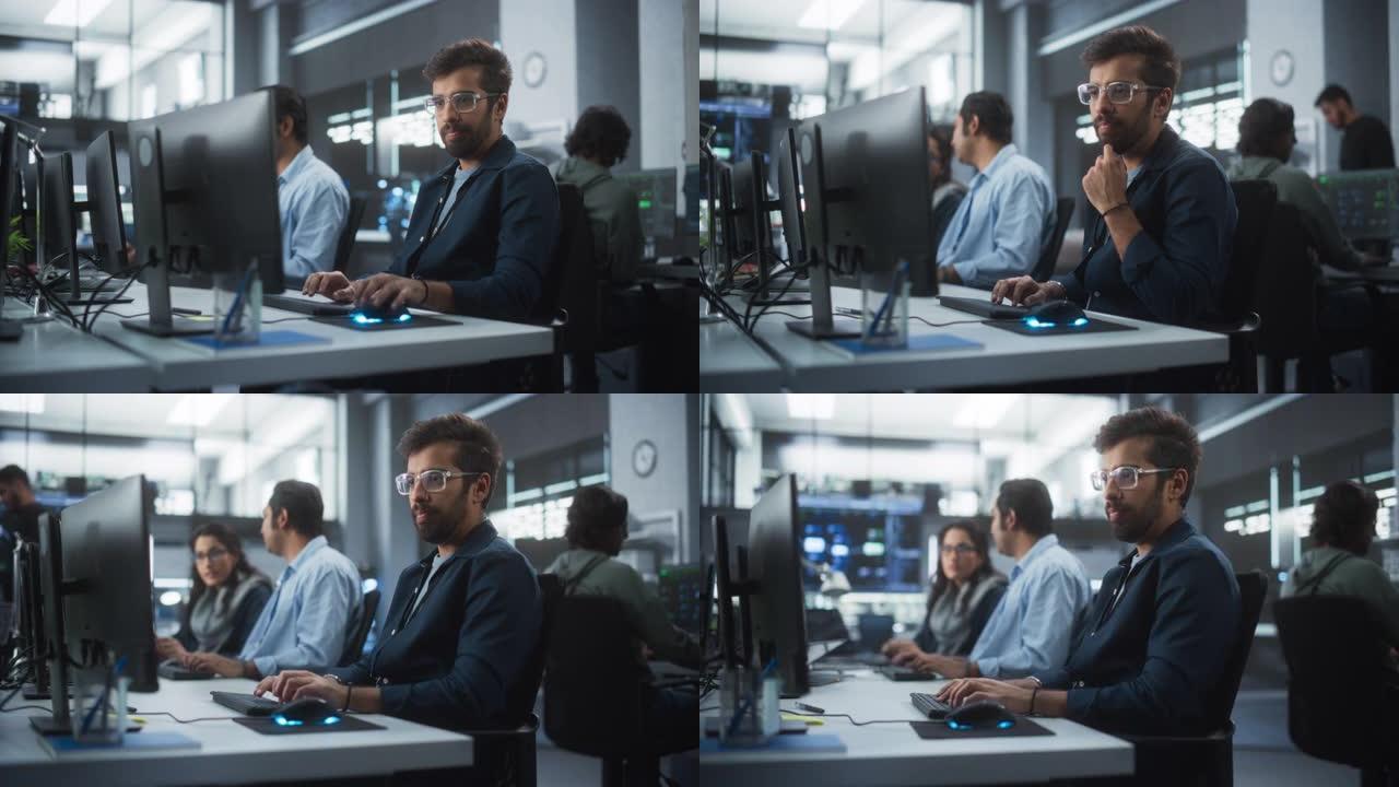 在技术办公环境中，一位周到的工程师在台式计算机上工作的肖像。研发部门为高级神经网络项目编写软件代码
