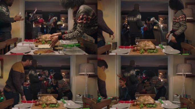 圣诞晚餐非裔美国人家庭拥抱朋友抵达派对庆祝节日团圆享受家庭季节问候4k镜头