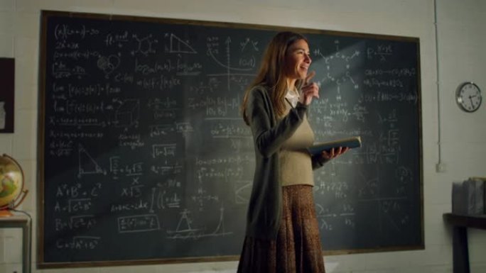 教室里年轻女教师的肖像用带有数学公式的黑板上讲课。大学科学教授教学，与学生交谈