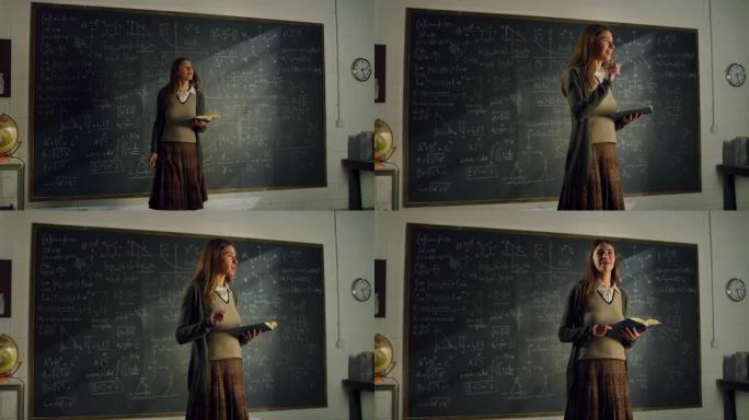 教室里年轻女教师的肖像用带有数学公式的黑板上讲课。大学科学教授教学，与学生交谈