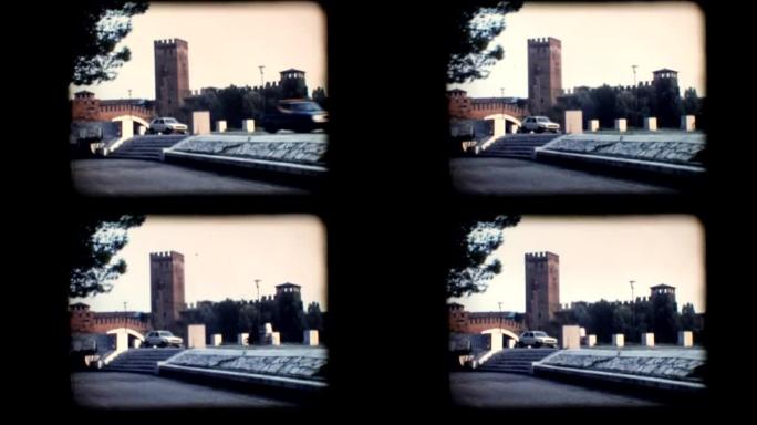 复古8毫米。维罗纳的塔楼和桥梁景观