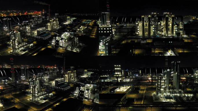 航拍工业化工园 炼油厂 发电厂 夜景
