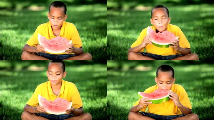 非裔美国儿童吃西瓜