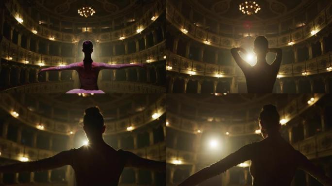 年轻的古典芭蕾舞女舞者在经典剧院舞台上漫步的电影背影，聚光灯下进行谢幕。优雅的表演者鞠躬并接受观众的