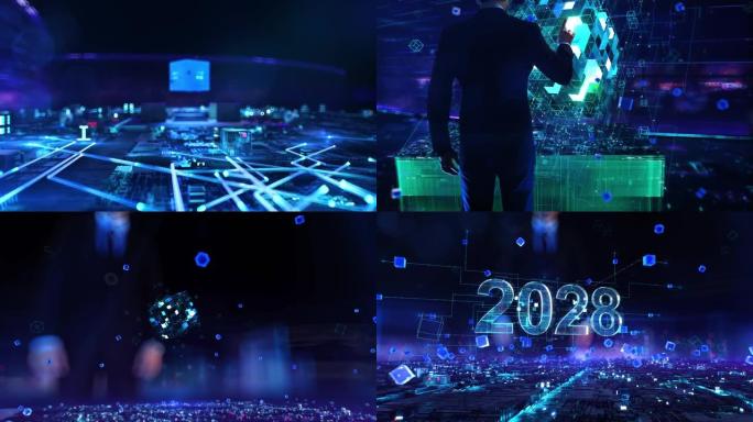 2028-商人在夜间办公室工作和触摸增强虚拟现实。