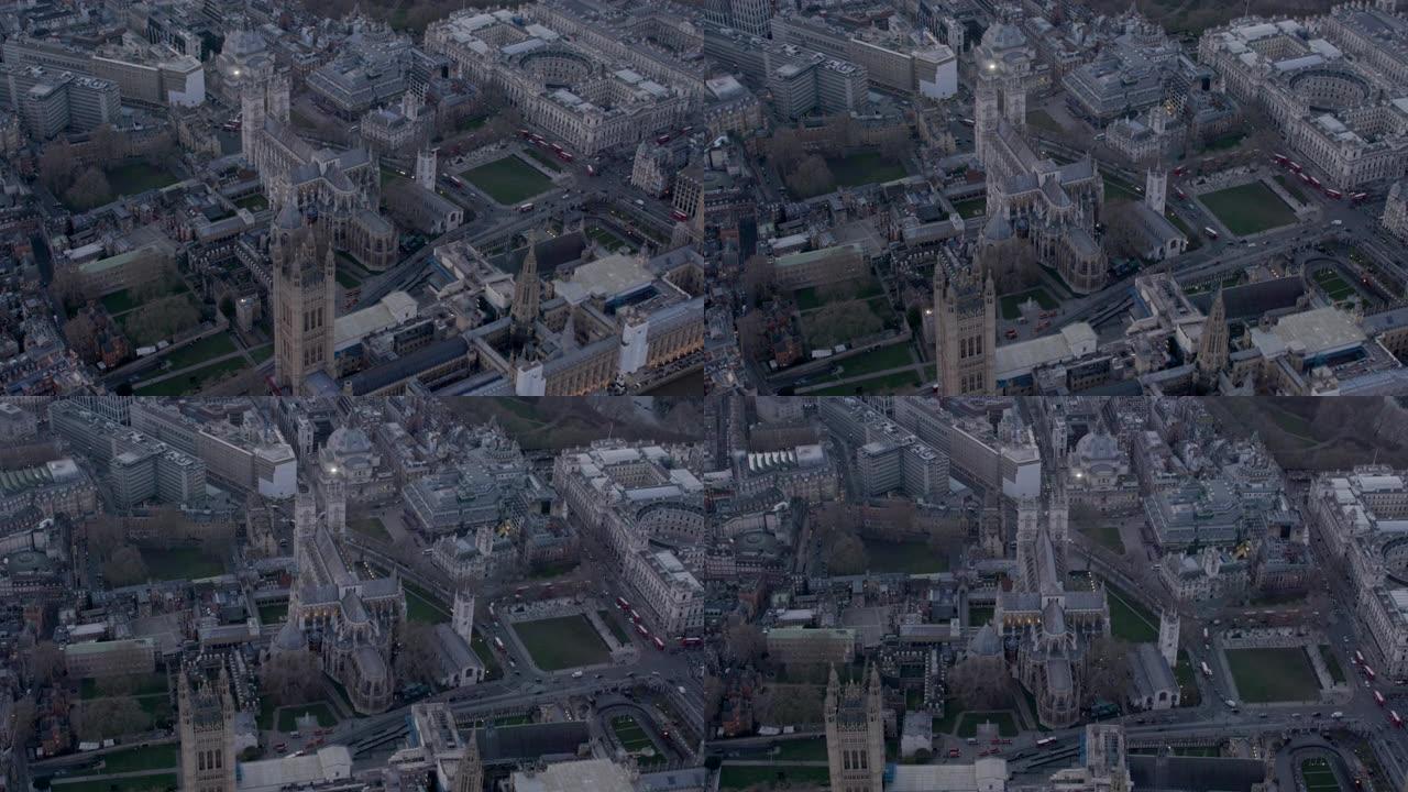 英国西伦敦泰晤士河的鸟瞰图，日落时分的伦敦市中心。4 k