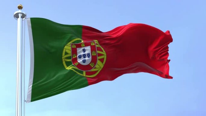 在一个晴朗的日子里，无缝循环的葡萄牙国旗飘扬的慢镜头