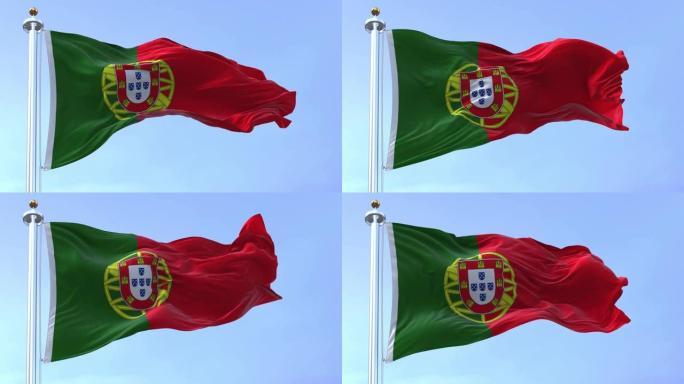 在一个晴朗的日子里，无缝循环的葡萄牙国旗飘扬的慢镜头