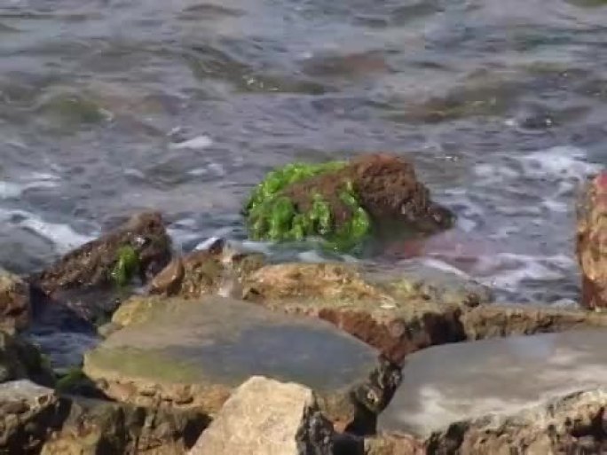 港口波浪溅到破碎的城市混凝土上