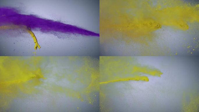 紫黄粉末在空中碰撞慢动作
