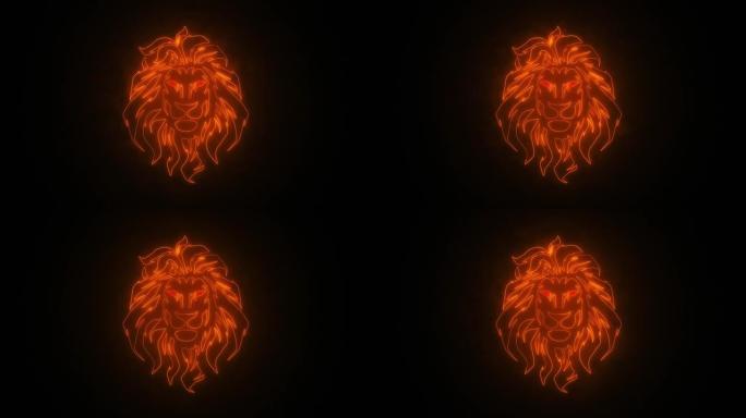 在空的黑色背景上孤立的橙色发光霓虹灯狮子图标的动画