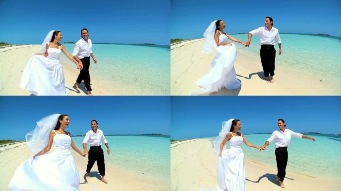 海滩婚礼情侣在海边跳舞